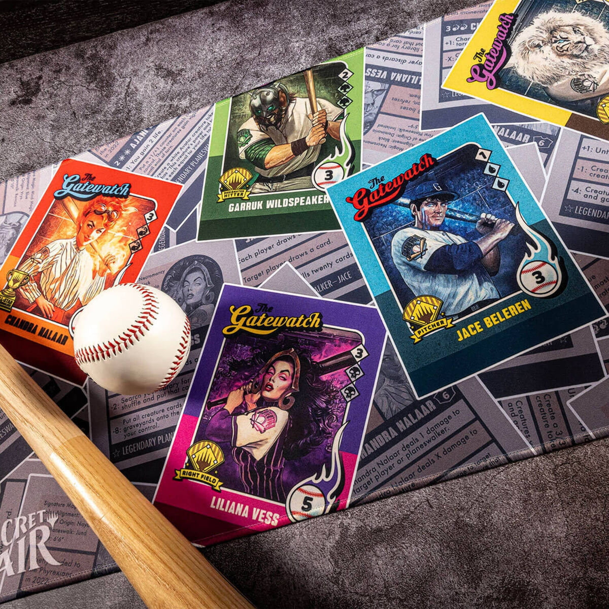 Magic: The Gathering &#39;The Gatewatch&#39; characters re-imagined as baseball players on cards with a bat and ball