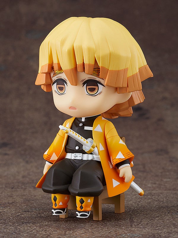 Zenitsu Agatsuma Nendoroid figurine from Demon Slayer in yellow haori sitting on a small chair