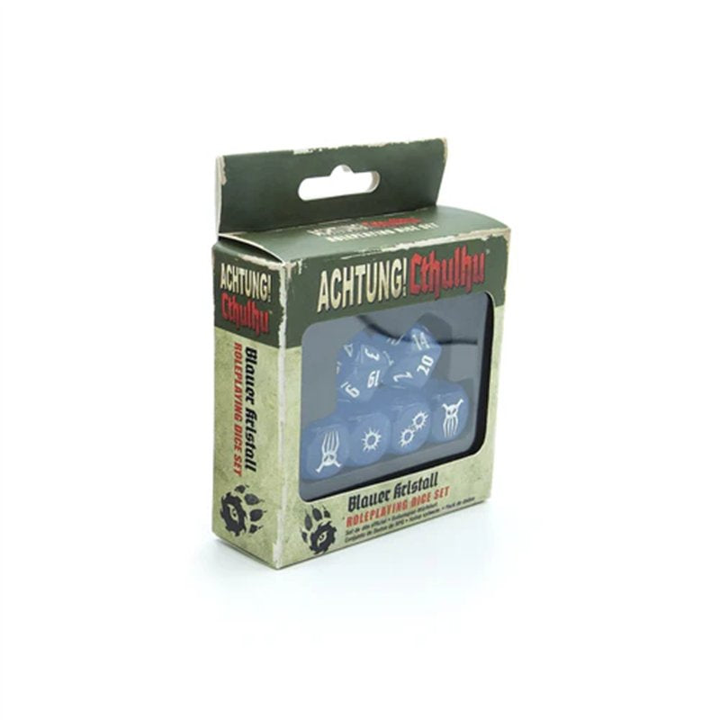 Distressed 'ACHTUNG! Cthulhu Blauer Kristall' box displaying translucent blue roleplaying dice through a window