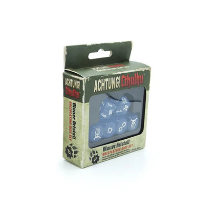 Distressed 'ACHTUNG! Cthulhu Blauer Kristall' box displaying translucent blue roleplaying dice through a window