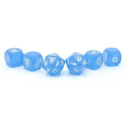 Six translucent light blue dice -  some with numbers and some with symbols -  line a white surface