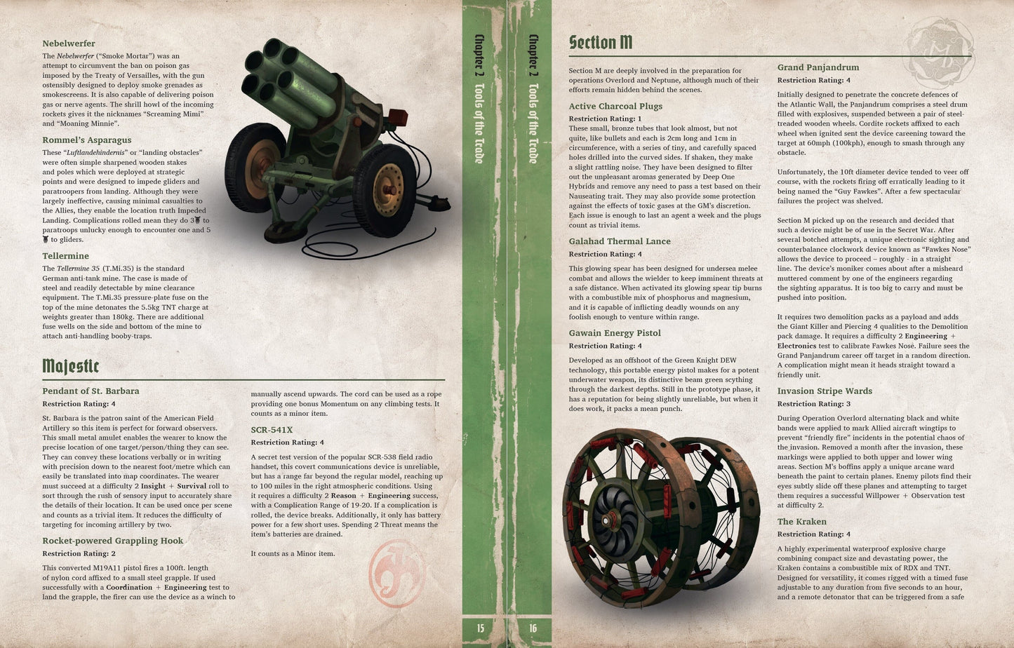 A page from the Achtung Cthulhu 2d20 RPG - D-Day The Darkest Day book showing descriptions of military gear alongside illustrations of a rocket launcher and large explosive wheels
