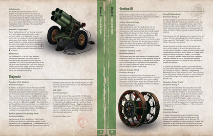 A page from the Achtung Cthulhu 2d20 RPG - D-Day The Darkest Day book showing descriptions of military gear alongside illustrations of a rocket launcher and large explosive wheels