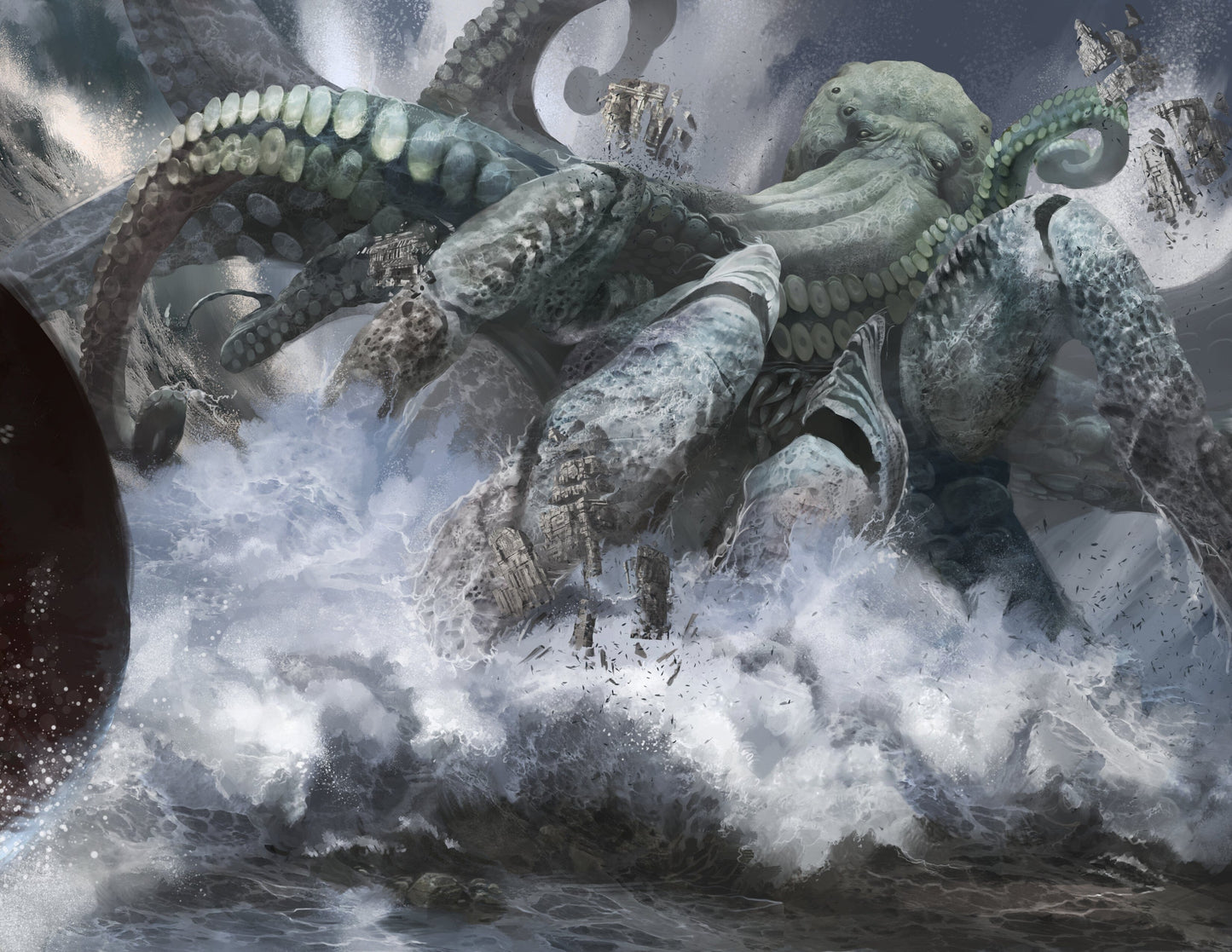 A giant grey-green octopus-like kraken emerges from turbulent ocean waves, its tentacles destroying city buildings in an illustration for Mindjammer RPG - The City People Book