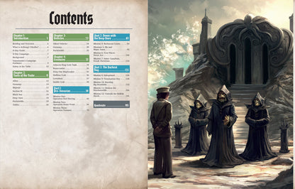 The Mindjammer RPG - The Far Havens Book features a contents page on the left and an illustration of a woman facing robed fish-like creatures before a large, octopus-decorated building on the right