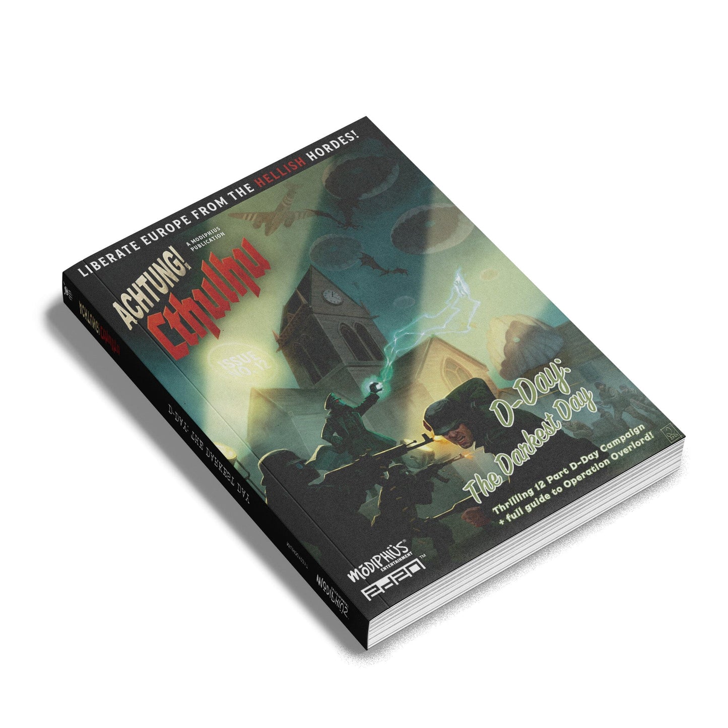 A thick book with a dark green cover depicting soldiers battling flying creatures near a towering church with glowing lightning
