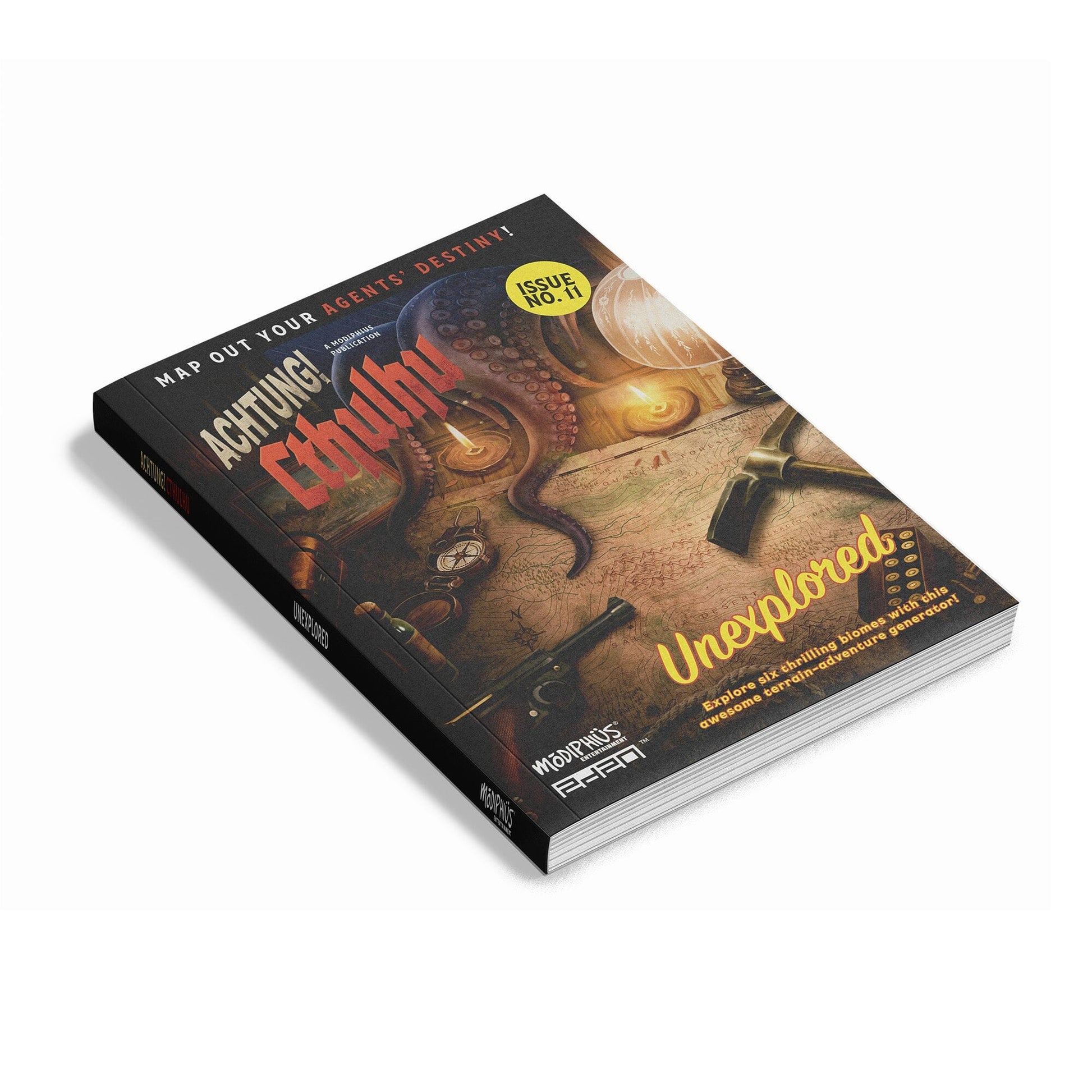 An angled view of the Achtung! Cthulhu 2d20 RPG - Unexplored Book showing its cover with a map, octopus tentacles, and adventure gear