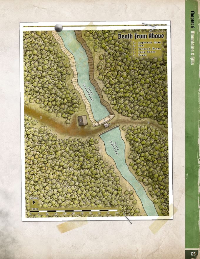 A detailed fantasy map features a river, dense forest, roads, a bridge, and small buildings, with a title Death From Above and a legend