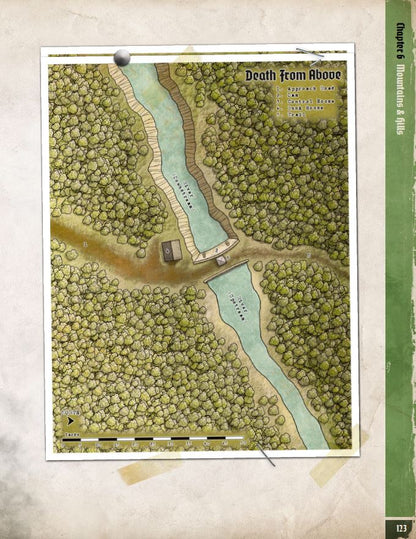 A detailed fantasy map features a river, dense forest, roads, a bridge, and small buildings, with a title Death From Above and a legend