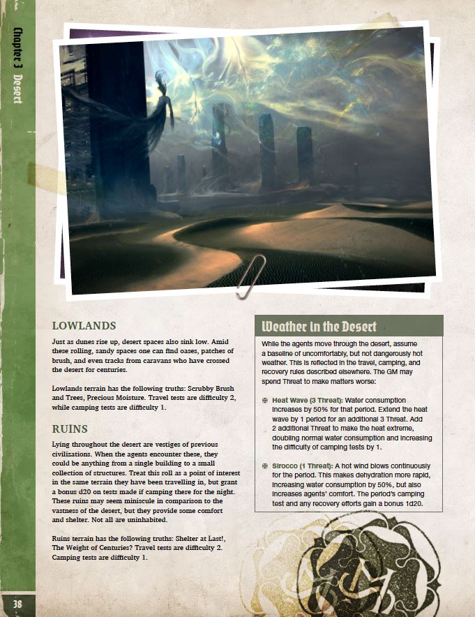 A page from the Achtung! Cthulhu 2d20 RPG - Unexplored Book featuring an illustration of a desert with a ghostly figure and tall stones, alongside text about desert environments