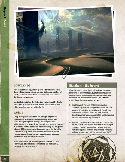 A page from the Achtung! Cthulhu 2d20 RPG - Unexplored Book featuring an illustration of a desert with a ghostly figure and tall stones, alongside text about desert environments