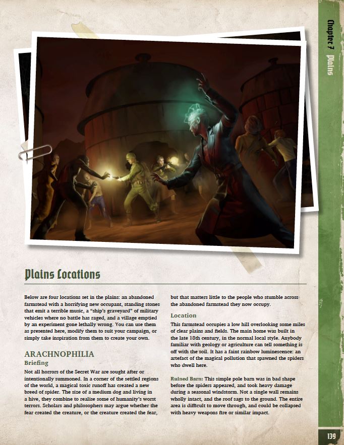 A page from the Achtung! Cthulhu 2d20 RPG - Unexplored Book features an illustration of glowing figures in a dark setting, with text about plains locations below