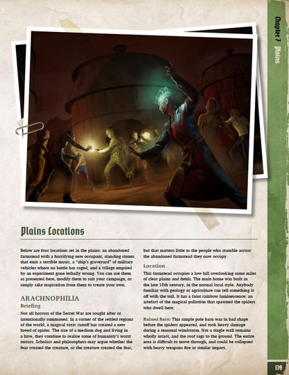 A page from the Achtung! Cthulhu 2d20 RPG - Unexplored Book features an illustration of glowing figures in a dark setting, with text about plains locations below