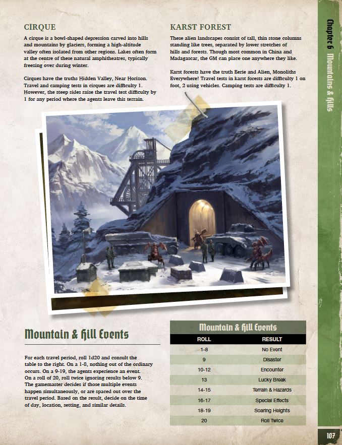 A page from the Achtung! Cthulhu 2d20 RPG - Unexplored Book with terrain descriptions, an illustration of a snowy mountain scene with structures, and an event table