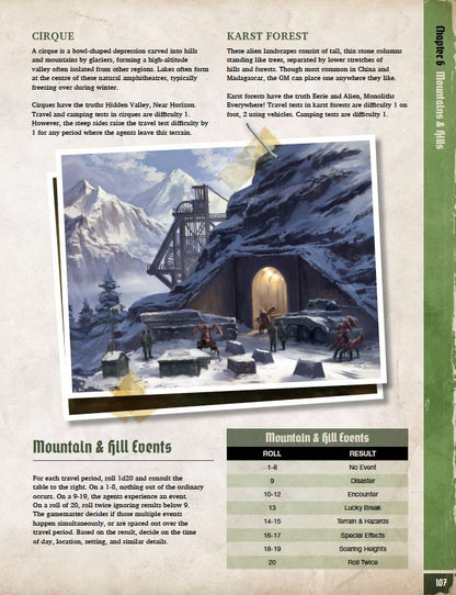 A page from the Achtung! Cthulhu 2d20 RPG - Unexplored Book with terrain descriptions, an illustration of a snowy mountain scene with structures, and an event table