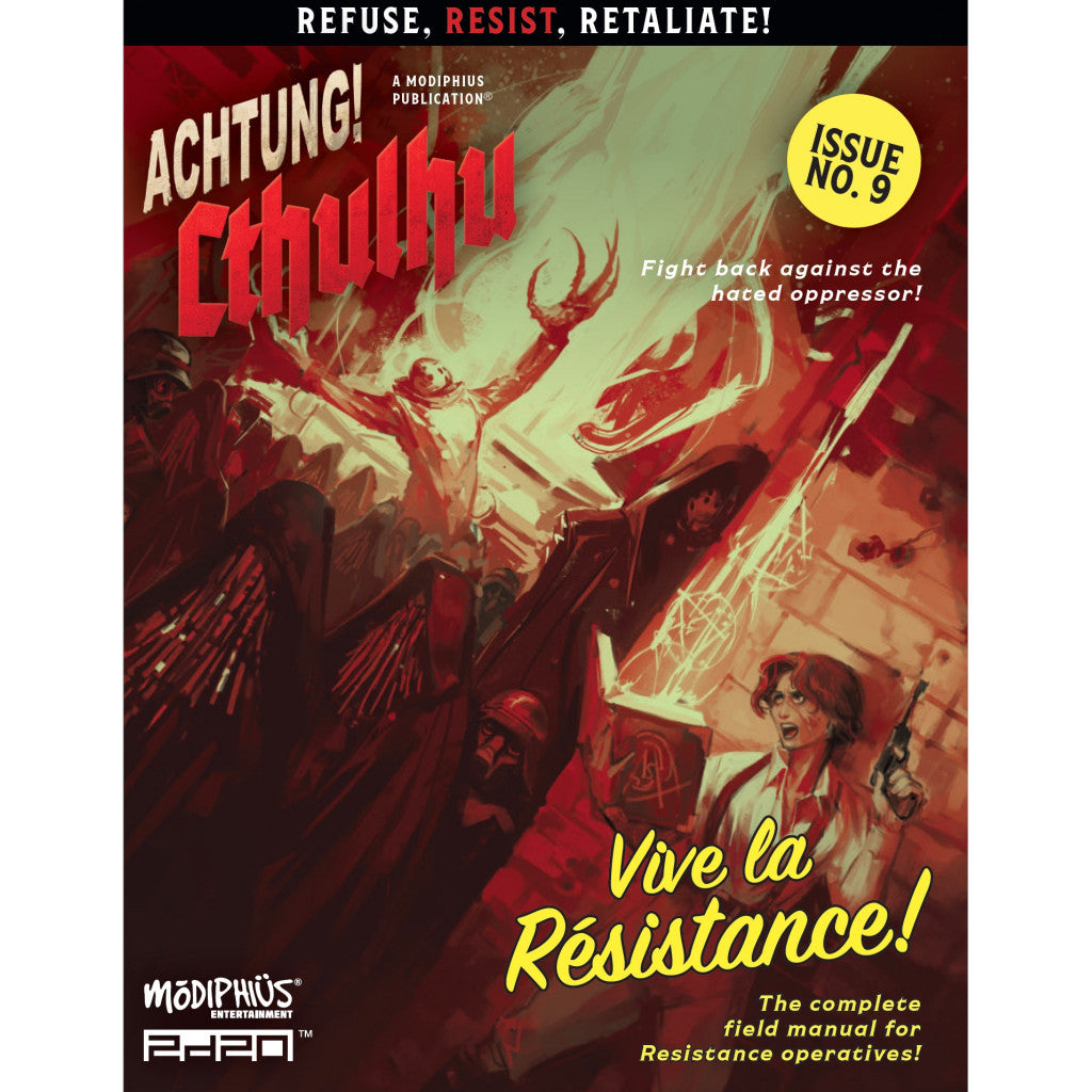 Achtung! Cthulhu cover: A resistance operative with a pistol and glowing book fights a monstrous, tentacled Cthulhu creature.