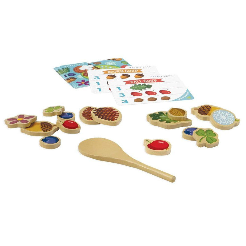 Peaceable Kingdom Acorn Soup game with wooden pieces and recipe cards