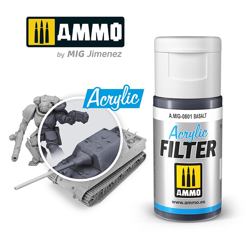 AMMO by MIG Jimenez Basalt Acrylic Filter paint bottle shown with unpainted tank and figure scale models.