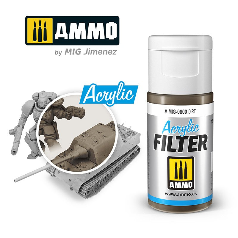 A bottle of AMMO by MIG Jimenez Acrylic Filter (Dirt) paint with model tank & figure showing a weathered effect.