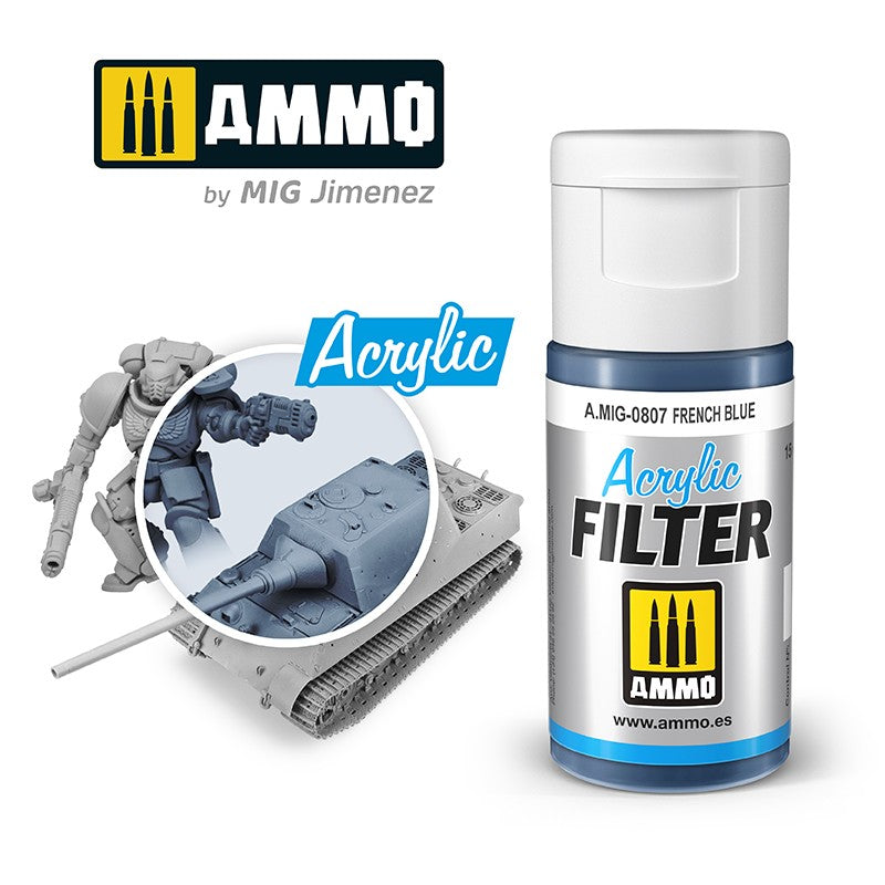 A bottle of AMMO French Blue Acrylic Filter, shown with unpainted model tank and soldier figures.