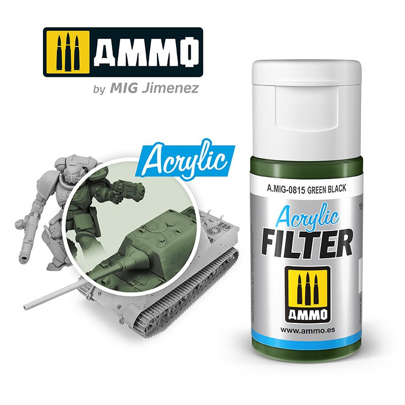 A.MIG-0815 Green Black Acrylic Filter bottle by AMMO by MIG Jimenez. Shown applied to unpainted model tank and miniature.