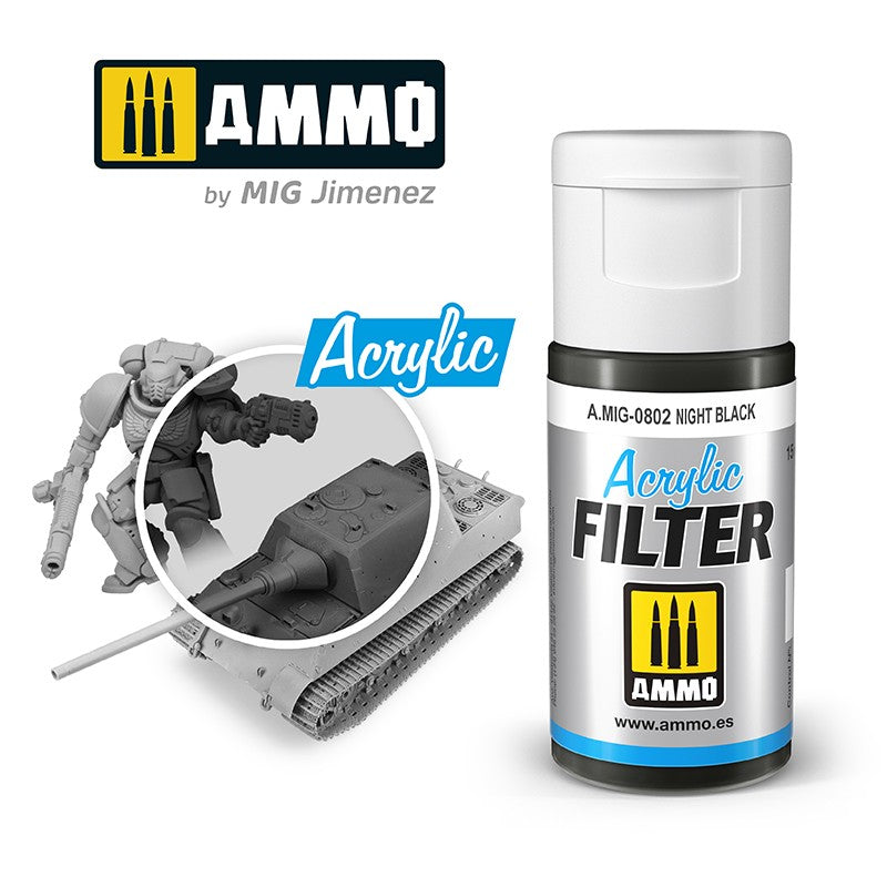 AMMO Night Black Acrylic Filter paint bottle, shown with unpainted miniature tank and space marine models for hobby detailing.
