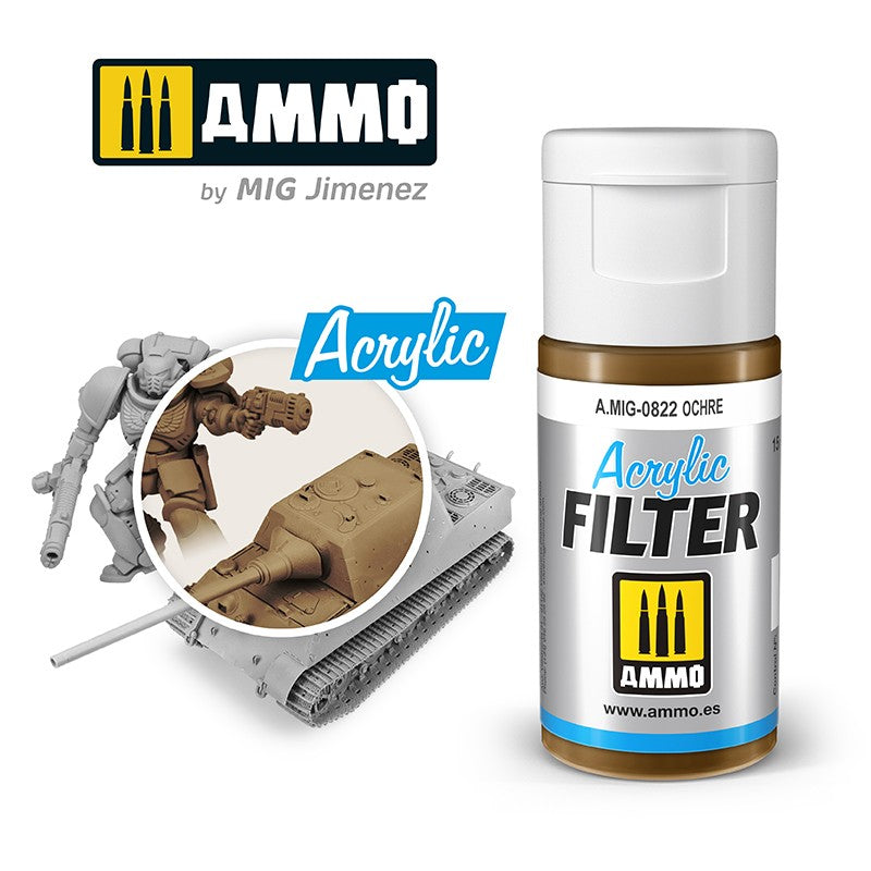 AMMO Acrylic Filter Ochre bottle. Grey model tank & figure next to brown versions, demonstrating the filter's effect.