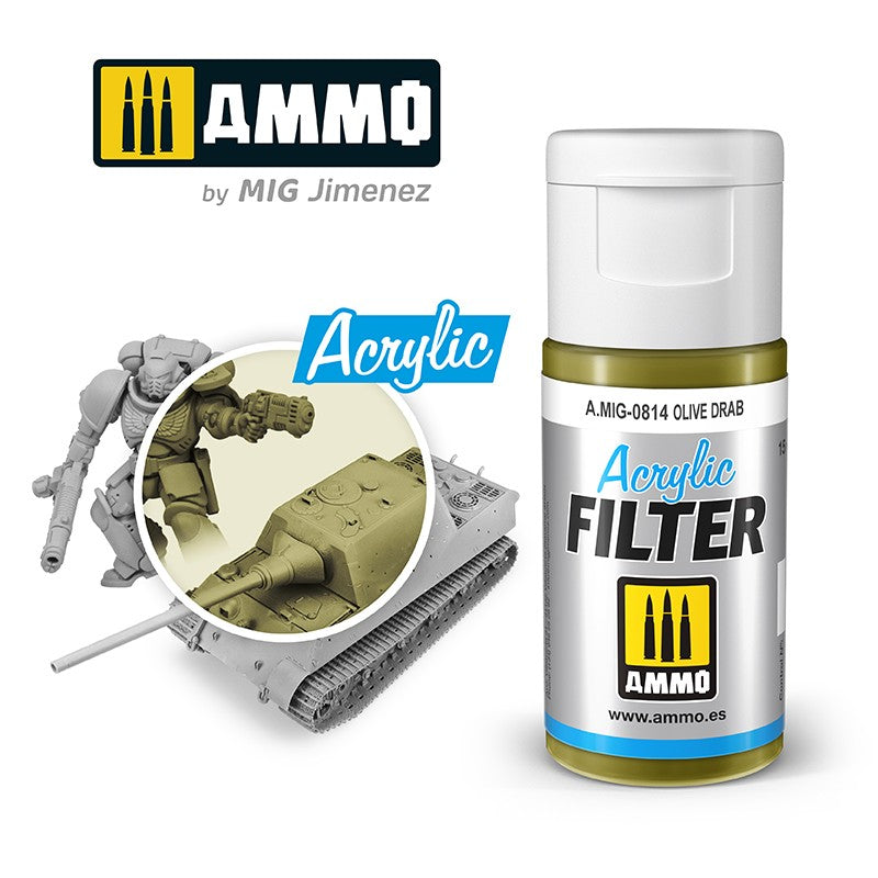 AMMO Olive Drab Acrylic Filter bottle, unpainted model tank/marine, and inset showing them with filter applied.