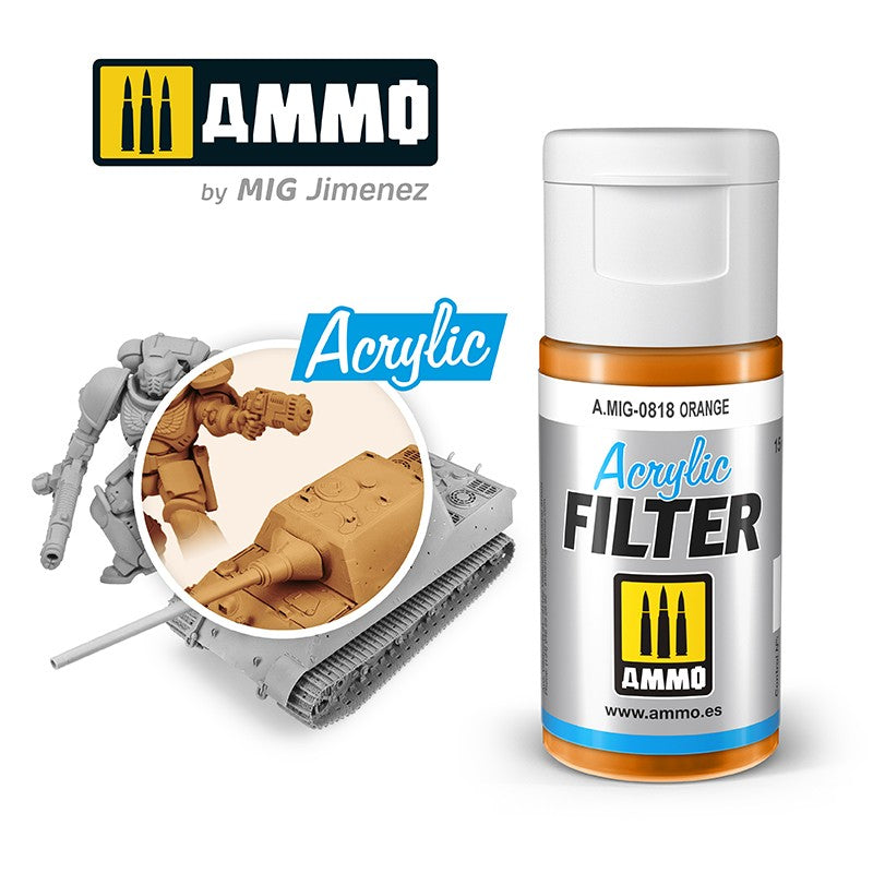 Orange AMMO Acrylic Filter paint bottle. Inset shows a tank and miniature tinted orange, next to unpainted gray models.