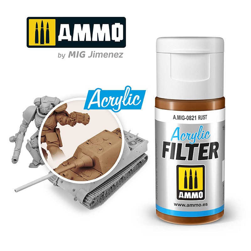 A bottle of AMMO Rust Acrylic Filter paint, demonstrating its rust weathering effect on a model tank and figure.