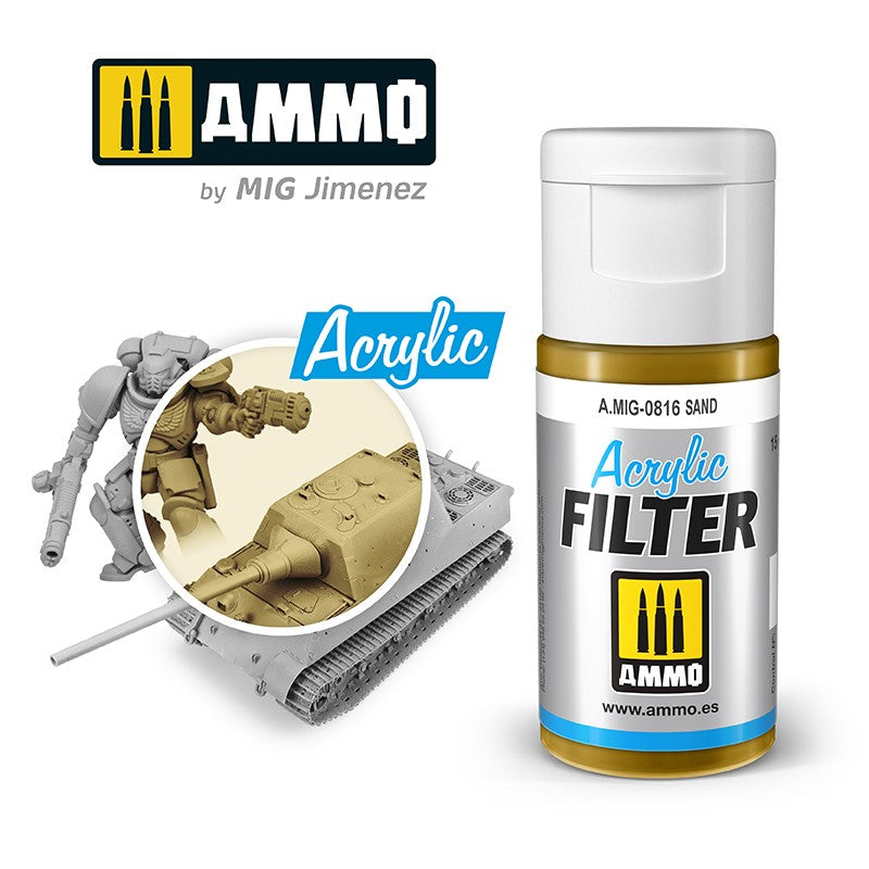 AMMO A.MIG-0816 Sand Acrylic Filter paint bottle shown with unpainted and sand-colored miniature models.