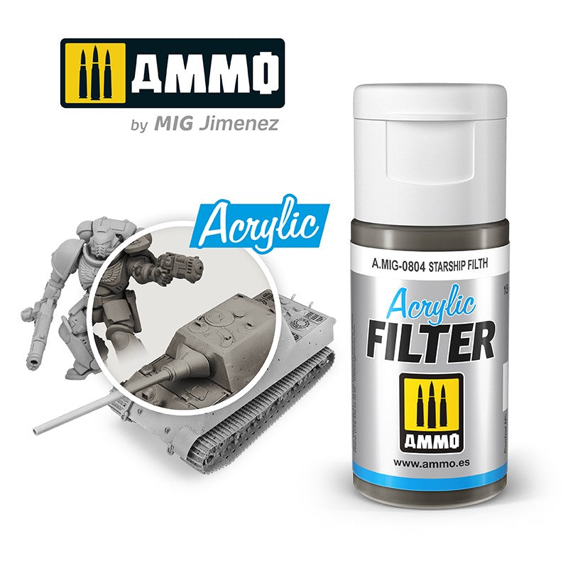AMMO "Starship Filth" acrylic filter paint bottle, with unpainted sci-fi warrior and tank models.
