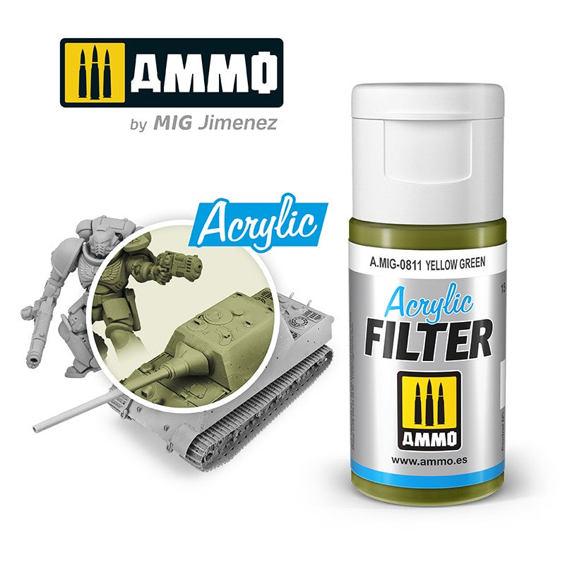 AMMO Yellow Green Acrylic Filter paint bottle with an overlay showing its effect on grey model tank and space marine.