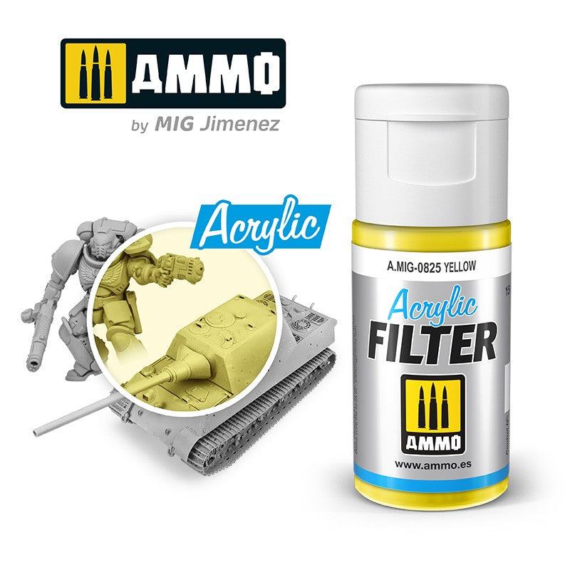 Yellow AMMO Acrylic Filter paint bottle next to grey model tank and figure, showing yellow filter effect.