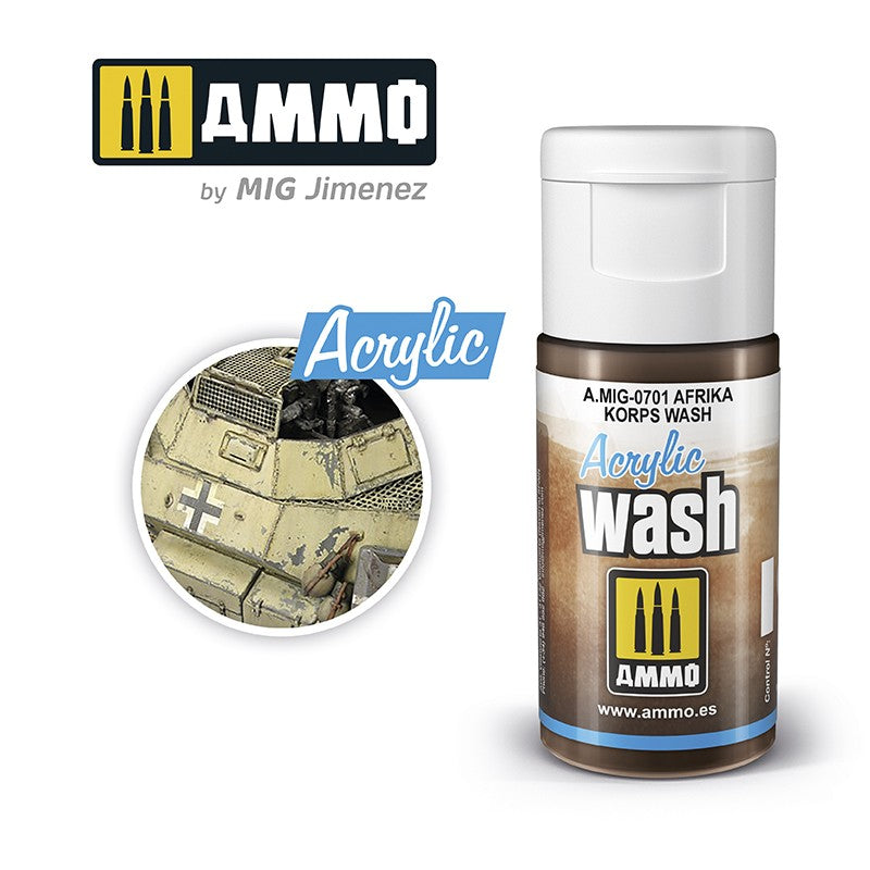 Brown bottle of AMMO Afrika Korps Acrylic Wash, with an inset of a weathered desert-camouflaged model tank.