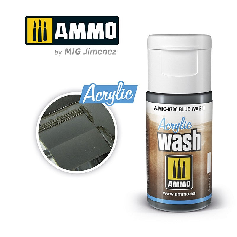 AMMO Blue Acrylic Wash bottle with an inset showing the wash applied to a model surface.