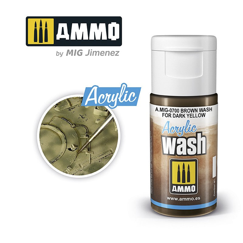 AMMO brown acrylic wash bottle, with a brush applying it to a detailed dark yellow model in an inset.