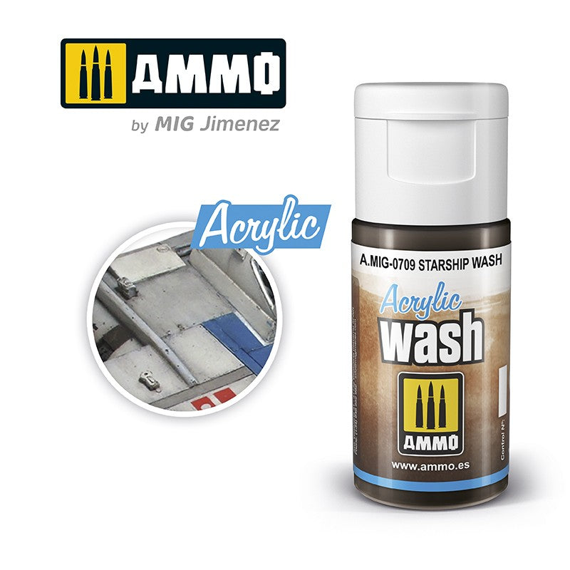 Brown bottle of AMMO Starship Acrylic Wash, with a close-up showing its weathering effect on a model