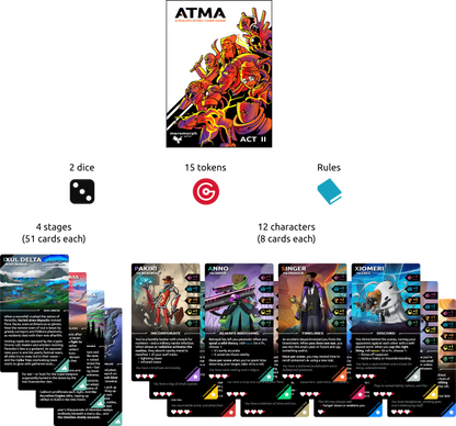 ATMA roleplaying card game with character cards and game elements