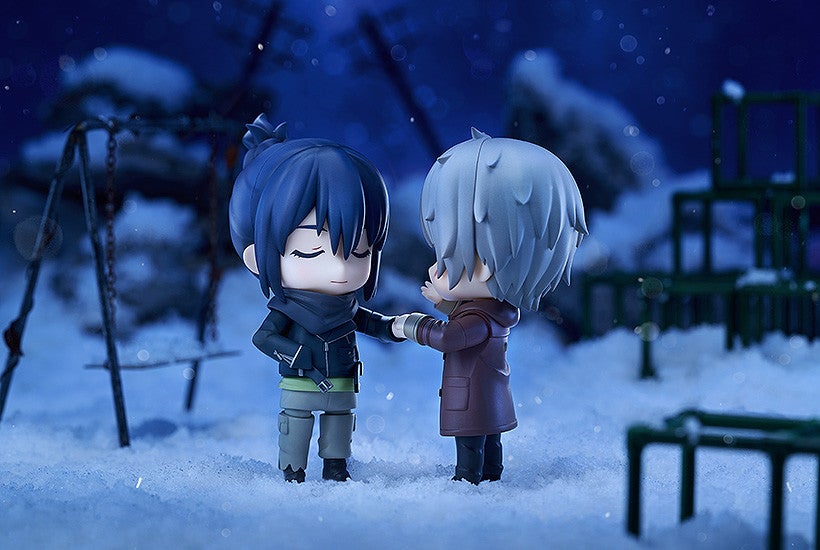Two anime chibi figures holding hands in a snowy playground under a blue night sky
