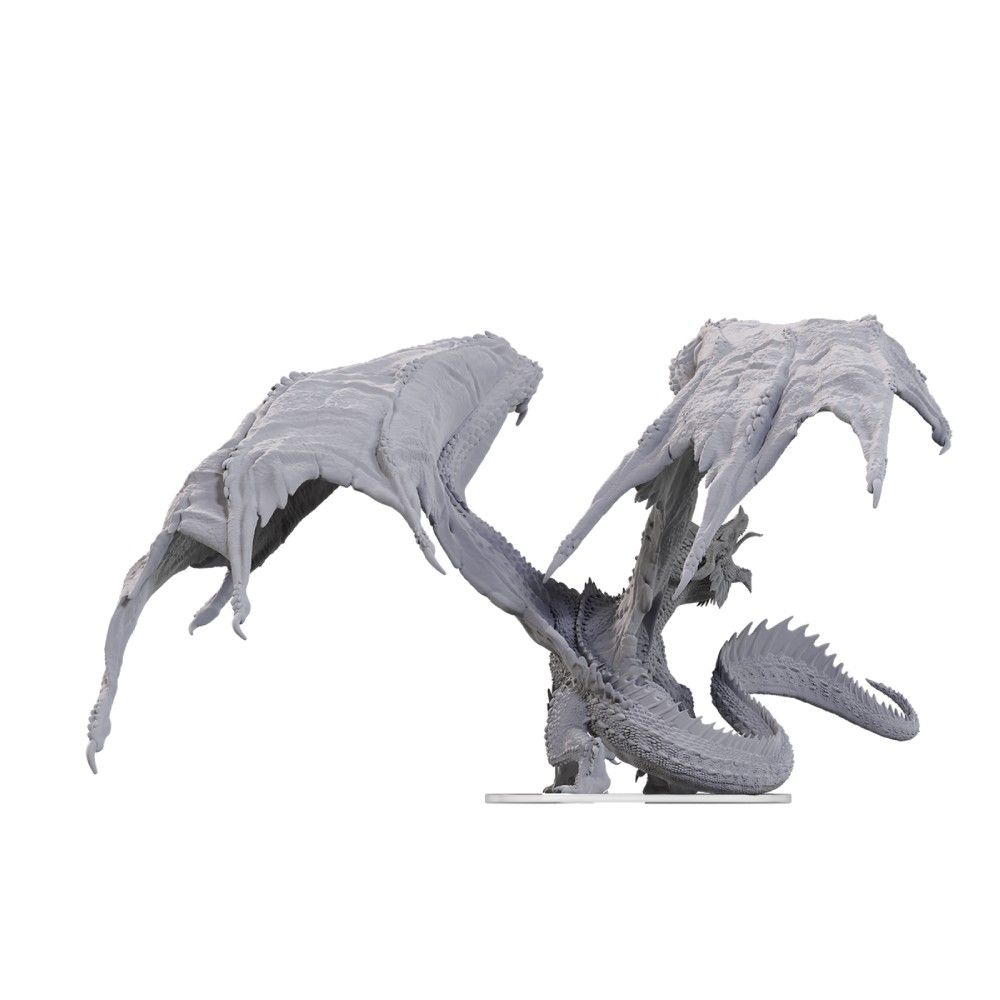 A detailed gray dragon model with wide-spread wings and a coiled tail, standing on a clear base