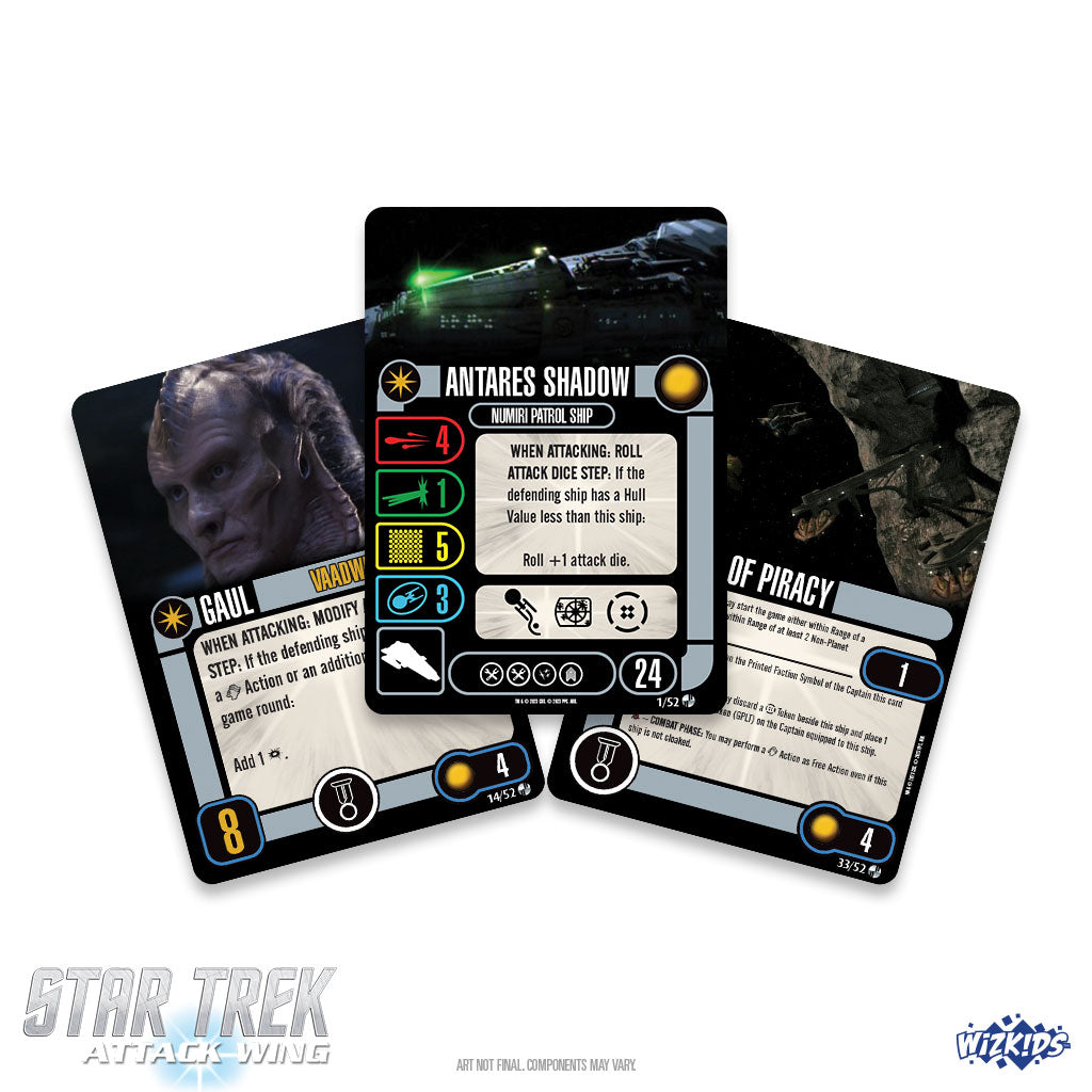 Three Star Trek Attack Wing game cards: Antares Shadow ship, Gaul character, Of Piracy upgrade