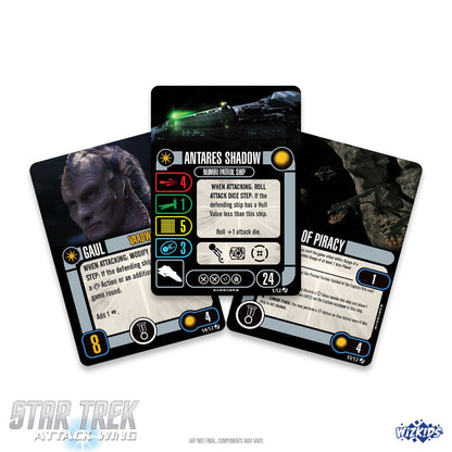 Three Star Trek Attack Wing game cards: Antares Shadow ship, Gaul character, Of Piracy upgrade