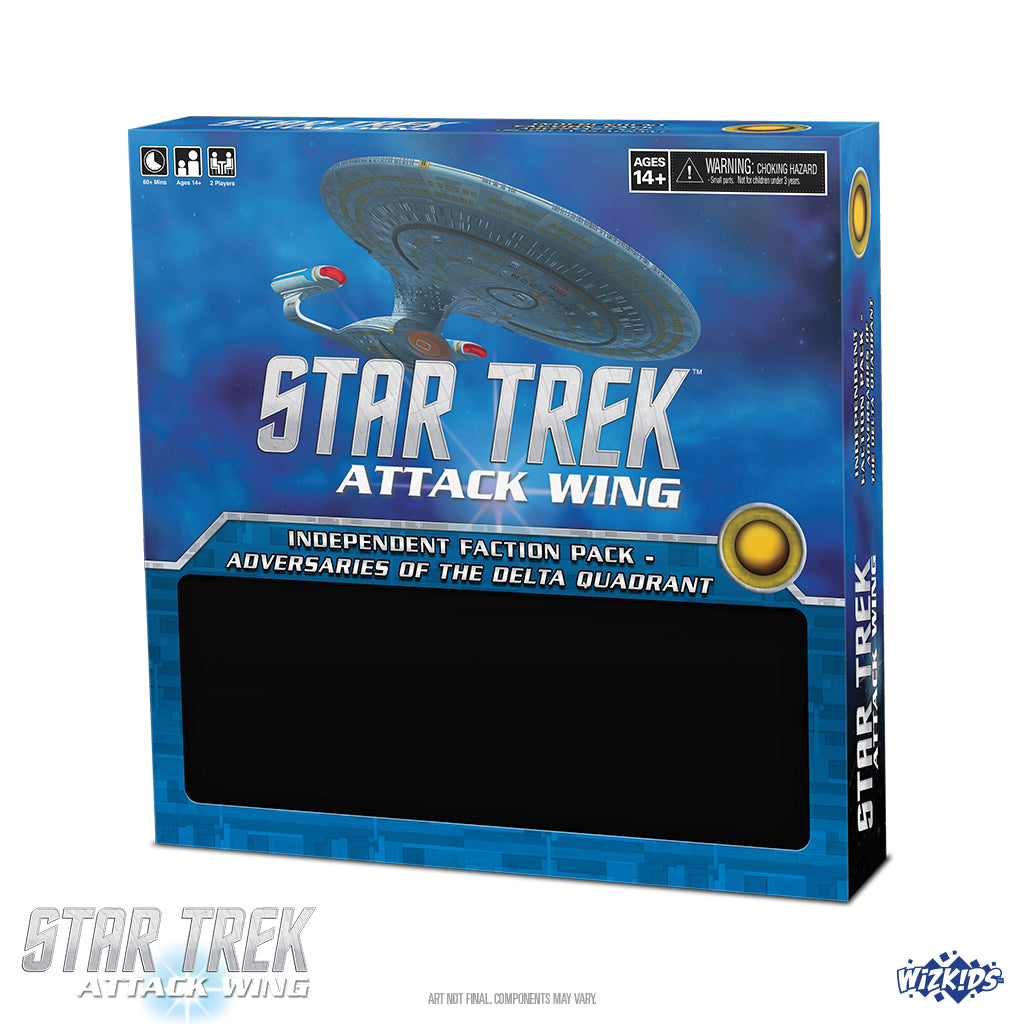 Star Trek Attack Wing game box, 'Adversaries of the Delta Quadrant' Independent Faction Pack. Features a starship