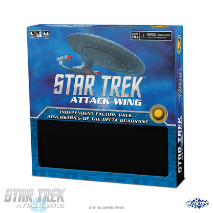 Star Trek Attack Wing game box, 'Adversaries of the Delta Quadrant' Independent Faction Pack. Features a starship