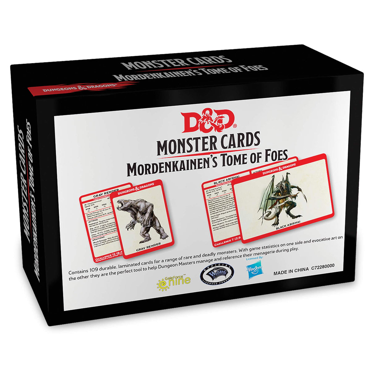 A D&amp;D Monster Cards box for Mordenkainen&#39;s Tome of Foes, showing sample monster cards