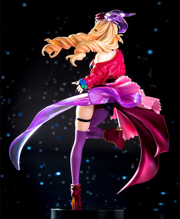 Dynamic anime figure in purple and pink attire with flowing sculpted fabric on a sparkling dark background