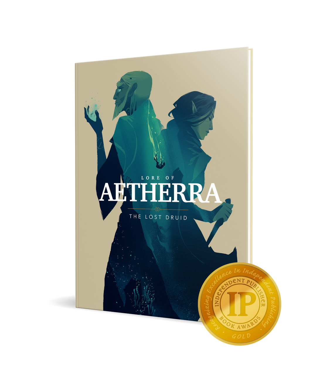 Book cover for 'Lore of Aetherra: The Lost Druid' features two fantasy figures, one casting magic, one with a dagger. Awarded gold.