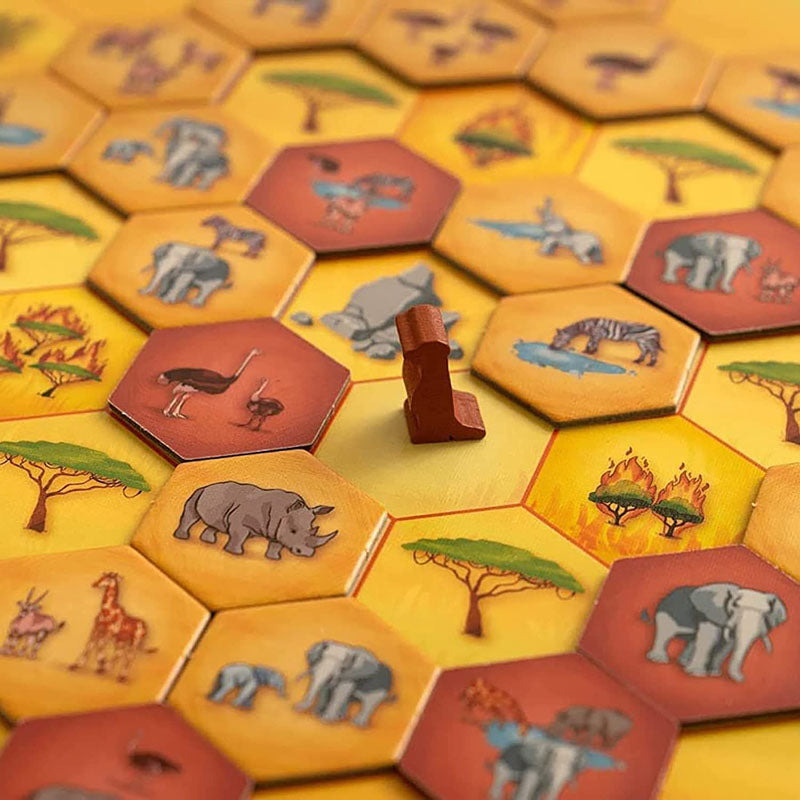 Complete Savannah Park game in play with animals grouped in regions