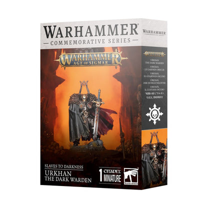 Warhammer: Age of Sigmar box for Urkhan The Dark Warden (Slaves to Darkness), showing the dark armored miniature